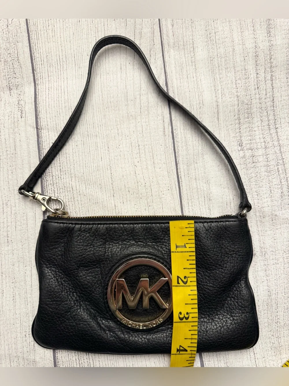 Michael Kors Black Leather Wristlet Clutch Gold Logo Small Purse